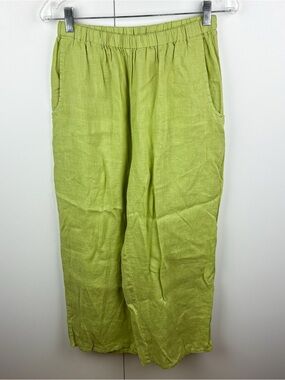 Flax 100% Linen Chartreuse Lime Green Straight Leg Pull On Pant Small Coastal